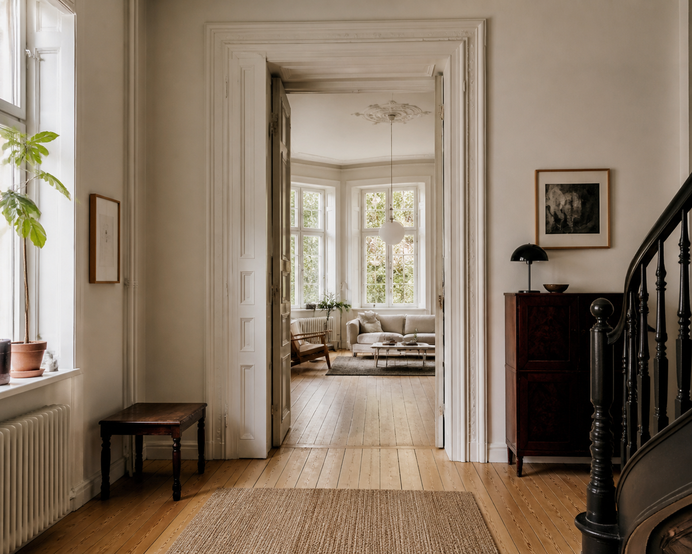Heller Altbau mit Blick durch einen großzügigen Wohnbereich