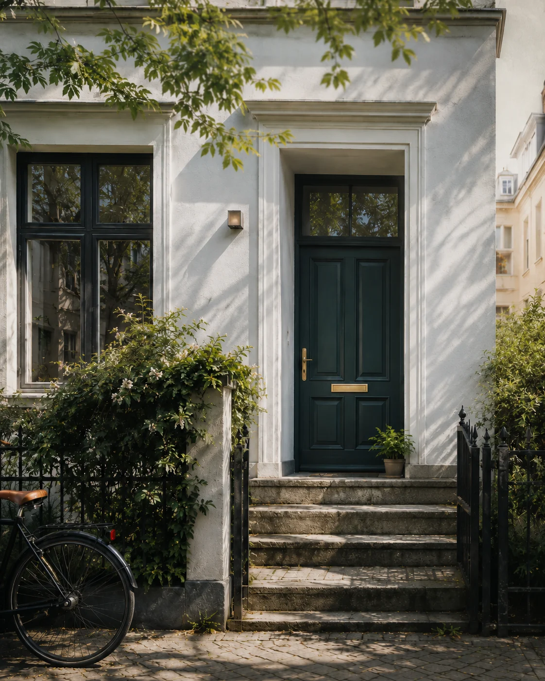 Heller Hauseingang als redaktionelles Motiv für die Einordnung eines Immobilienwerts