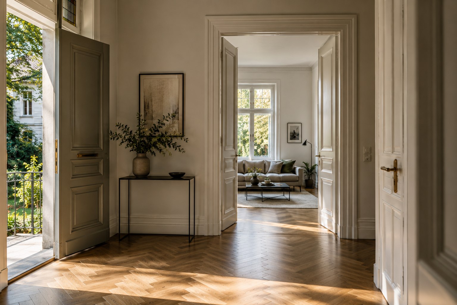 Heller Hausflur als redaktionelles Motiv für die zeitliche Planung eines Immobilienverkaufs