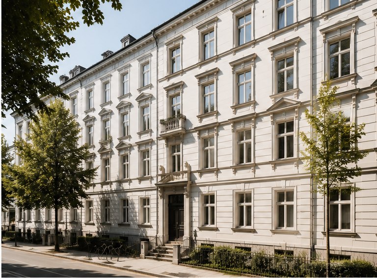Wohnstraße mit heller Altbaufassade als Illustration für eine diskrete Immobilienempfehlung