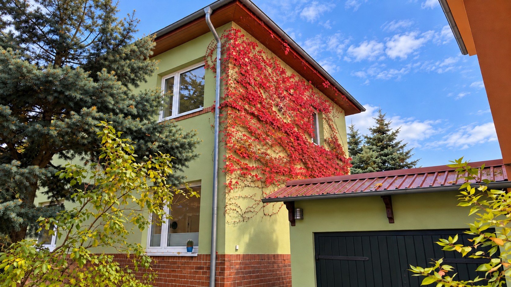 Seitliche Hausansicht mit rotem Herbstlaub und Garage