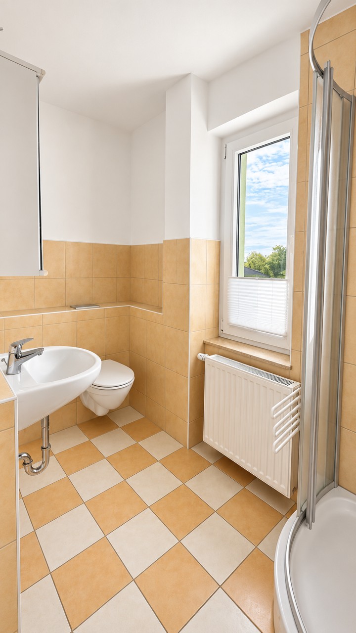 Badezimmer mit Dusche, Waschbecken und Fenster