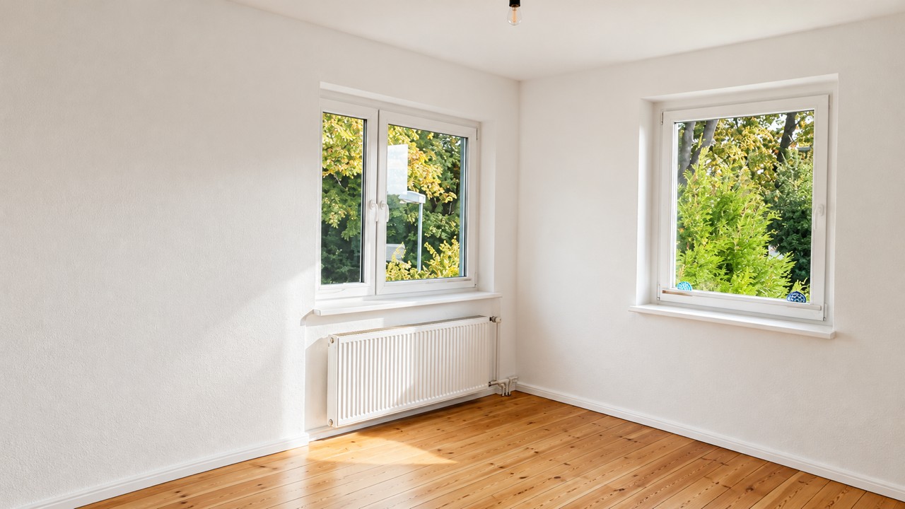 Helles Zimmer mit Holzboden und zwei Fenstern