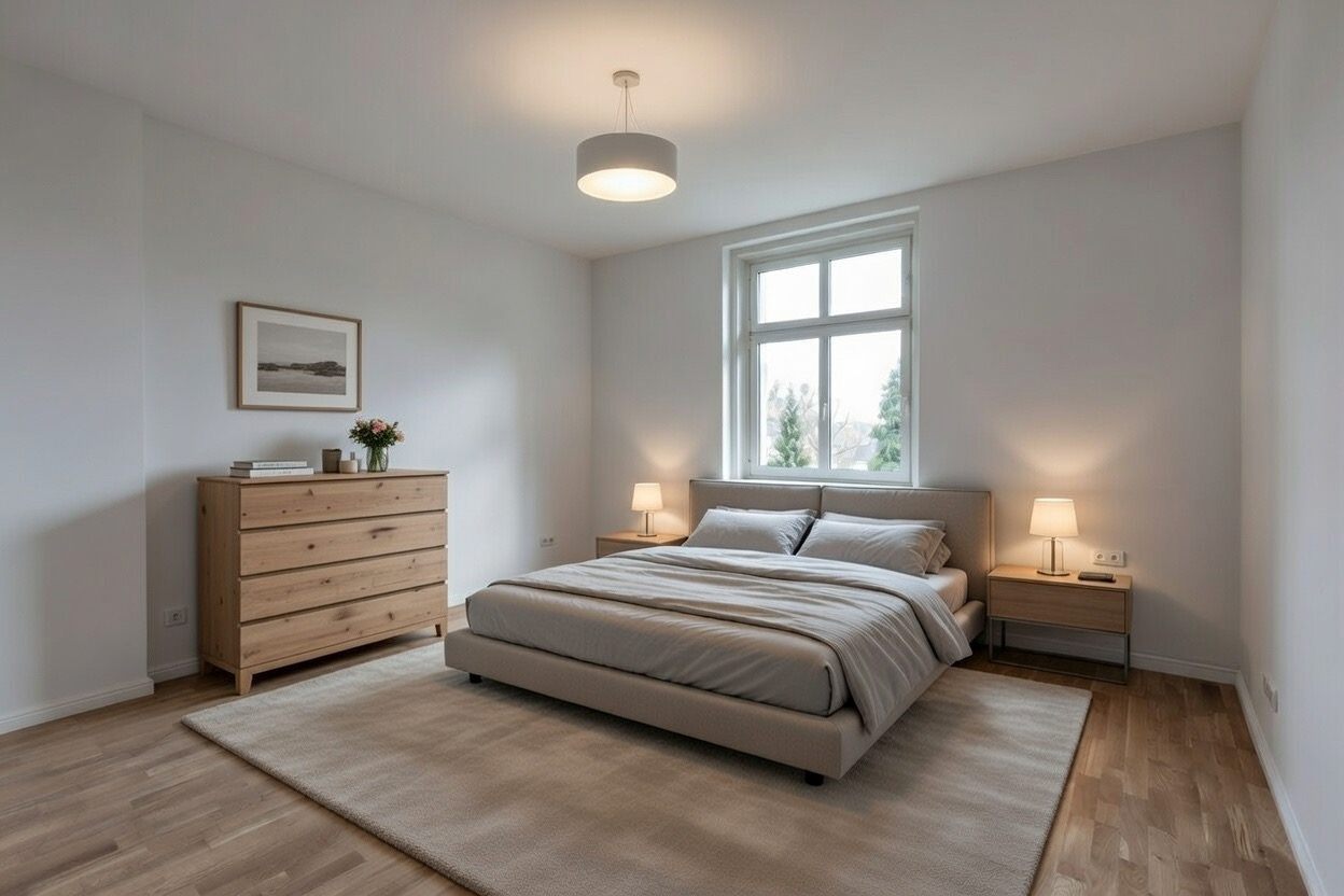 Schlafzimmer der Altbauwohnung mit Dachschräge